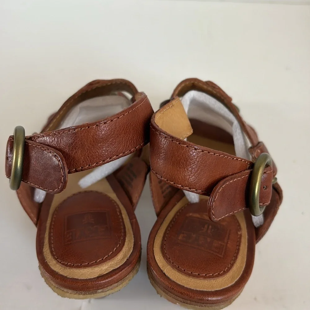 Frye Mandy T Strap brown leather up gladiator gold hardware open toe sandal cone